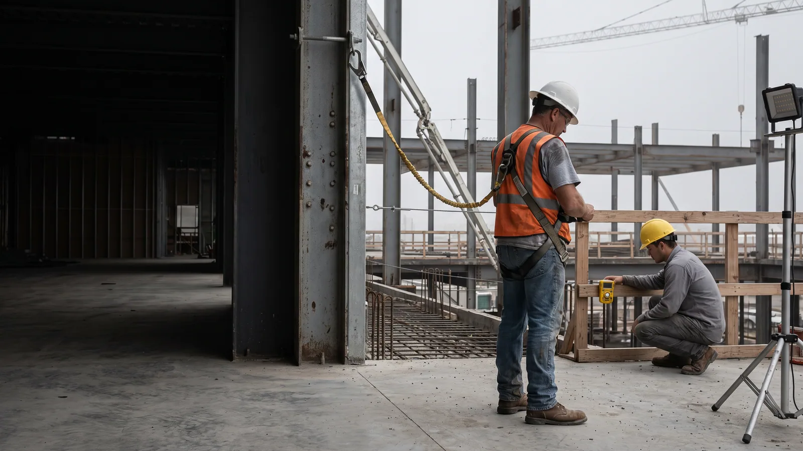 Construction worker in a hard hat and high-visibility vest tied off with a fall-protection harness and lanyard on a concrete deck, while a second worker checks a portable gas detector