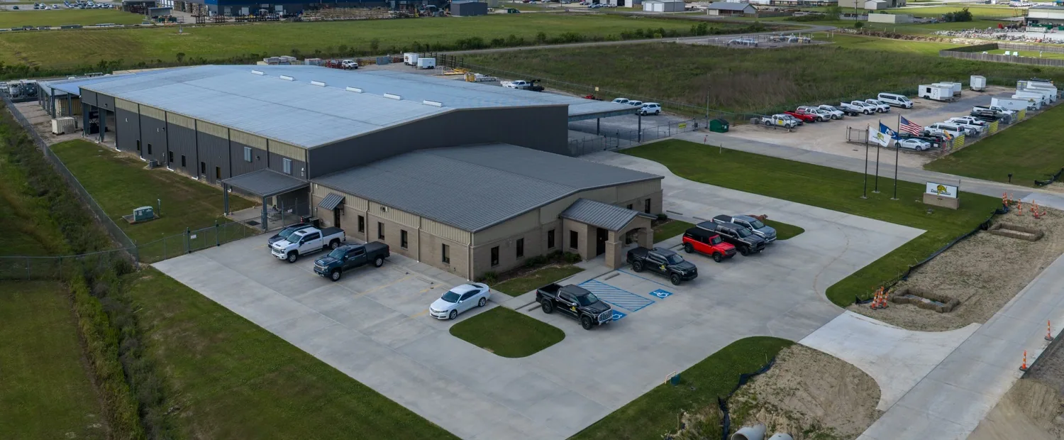 Aerial view of the Tiger Safety Rentals headquarters and equipment yard in Broussard, Louisiana